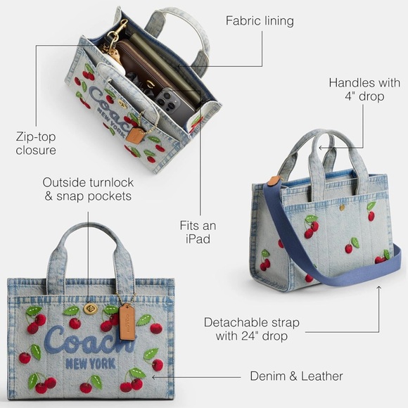 NWT Cherry Embroidered Denim Cargo Tote 26 In Original Packaging Cherries π - Picture 10 of 11